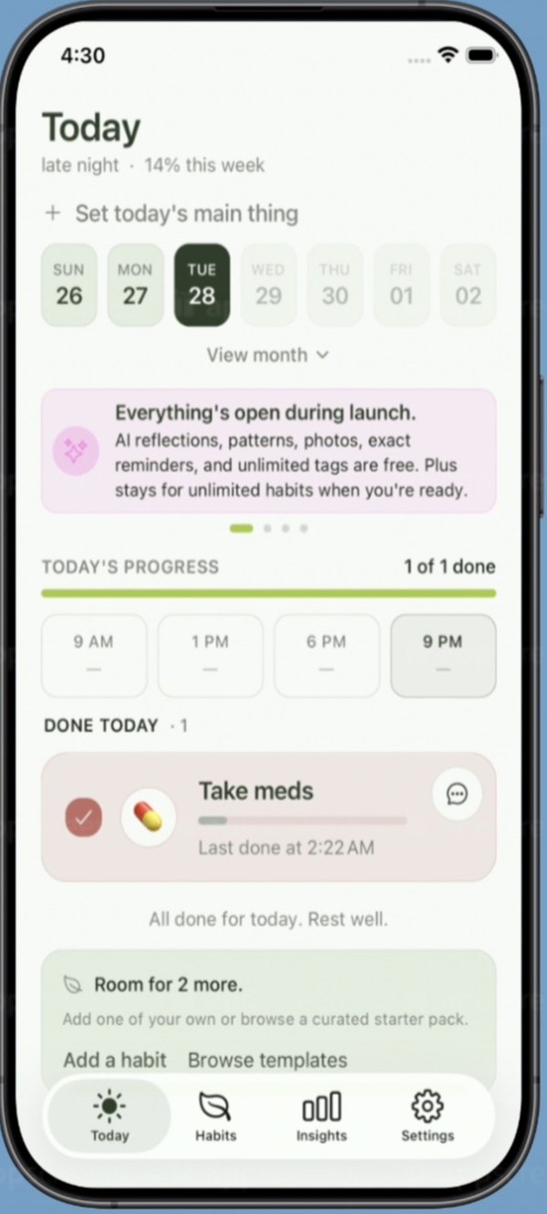 Today screen — daily habits and time-window progress.
