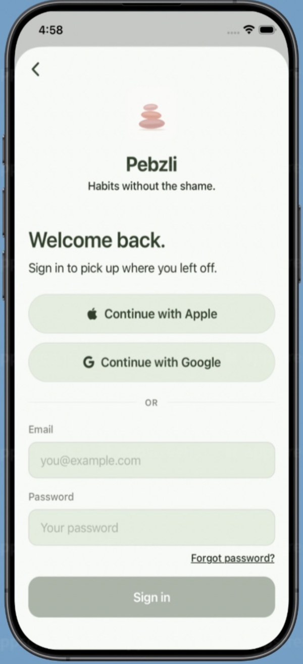 Sign-in screen — Apple, Google, or email.