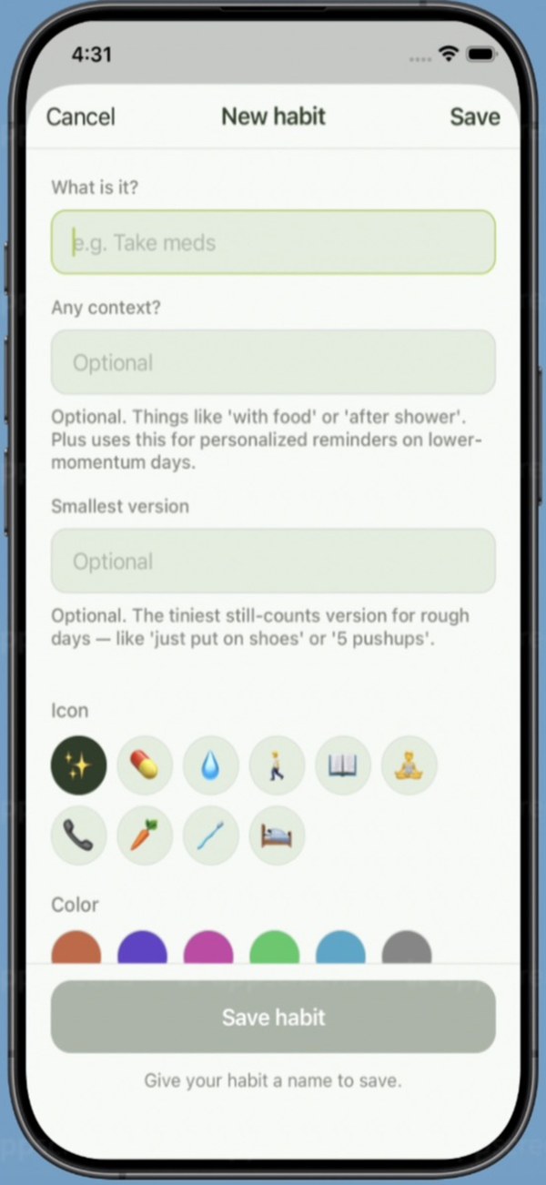 New habit form — name, icon, color, save.