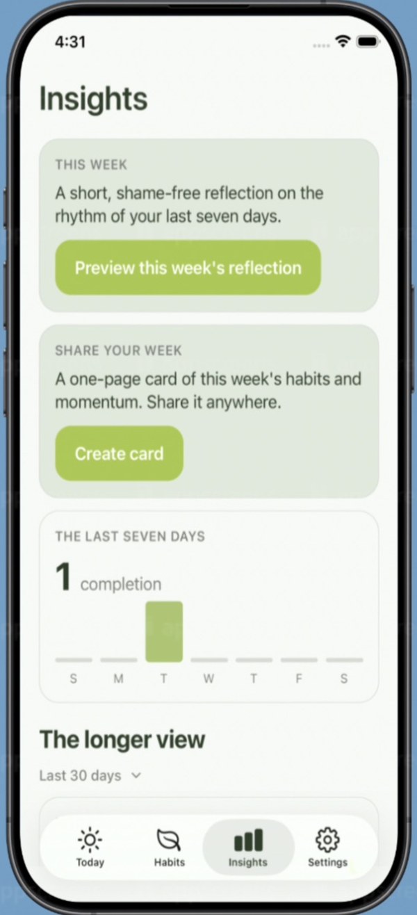 Insights tab — weekly reflection and seven-day chart.