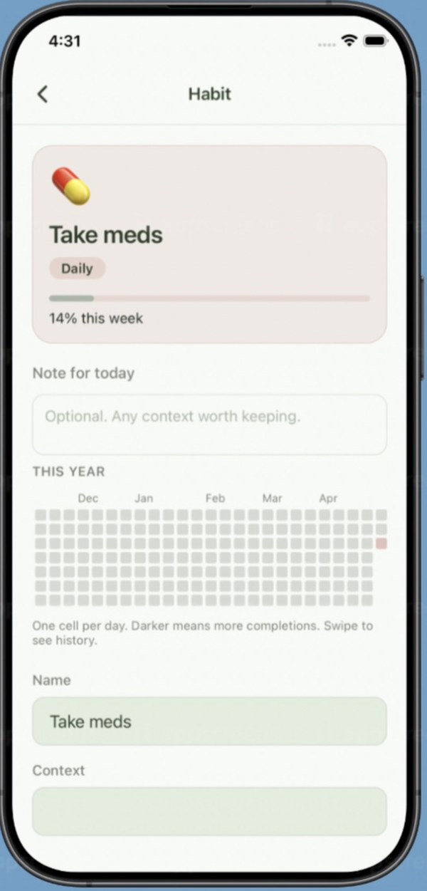 Habit detail — a year-long completion grid.