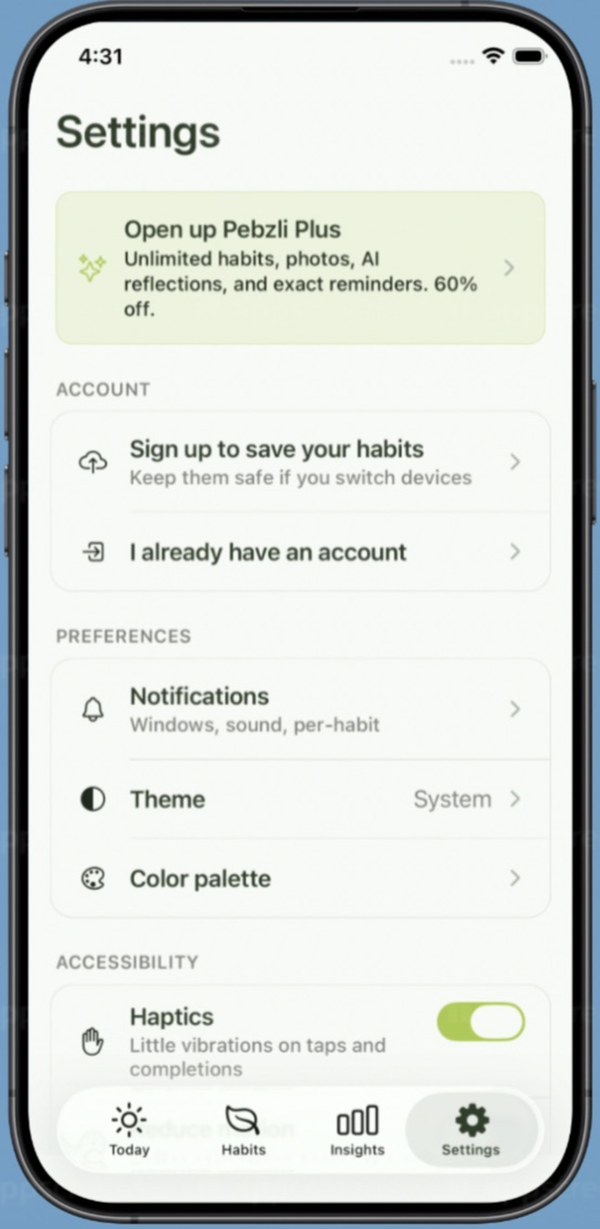 Settings — account, preferences, accessibility.